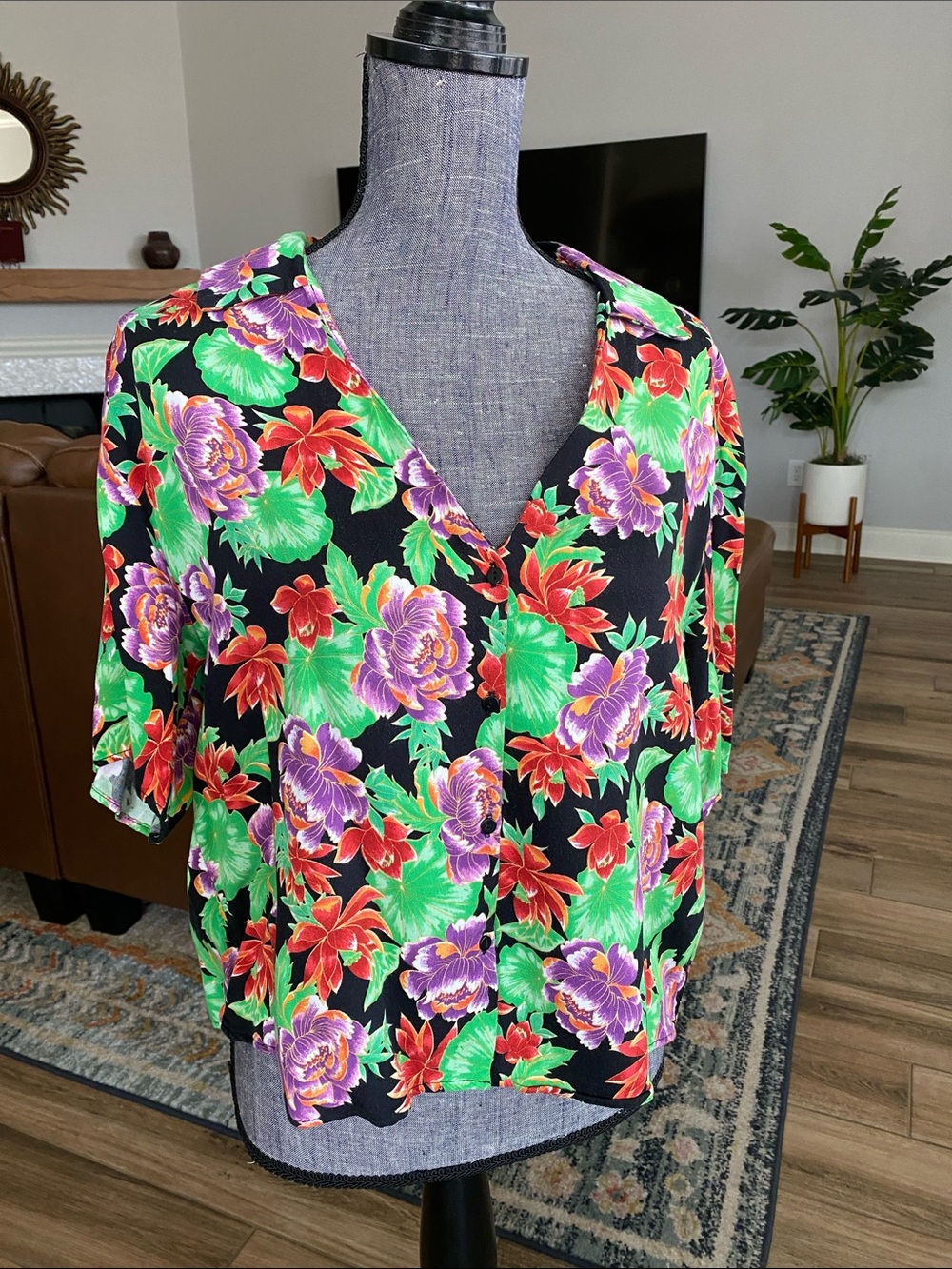 Zara Black Floral Button-Front Blouse with Green, Purple & Red Blooms